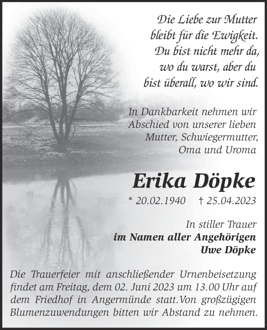Traueranzeige von Erika Döpke von Märkische Oderzeitung