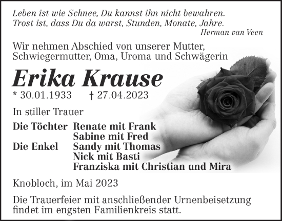 Traueranzeige von Erika Krause von Märkische Oderzeitung