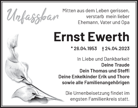 Traueranzeige von Ernst Ewerth von Märkische Oderzeitung