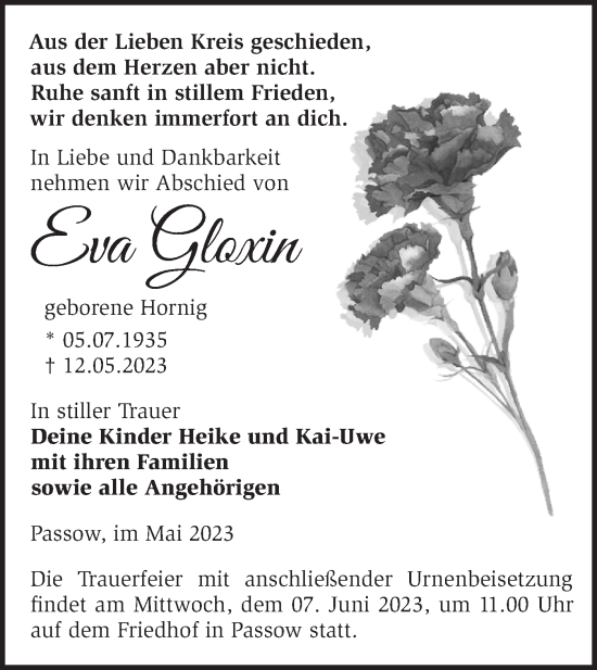 Traueranzeige von Eva Gloxin von Märkische Oderzeitung