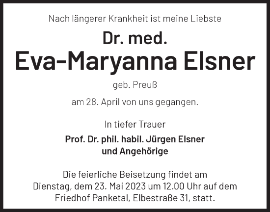 Traueranzeige von Eva-Maryanna Elsner von Märkische Oderzeitung