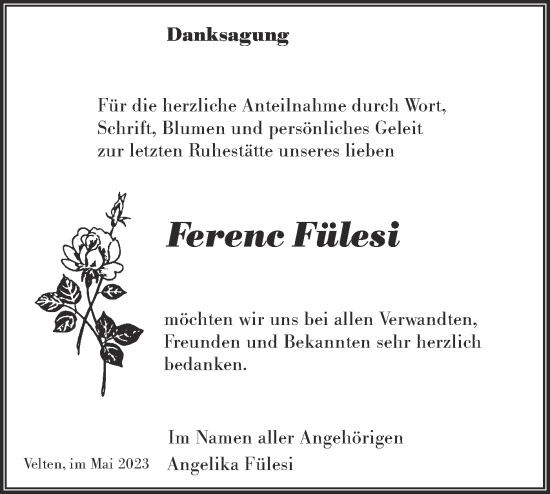 Traueranzeige von Ferenc Fülesi von Märkische Oderzeitung