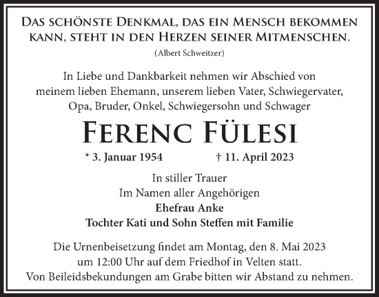 Traueranzeige von Ferenc Fülesi von Märkische Oderzeitung