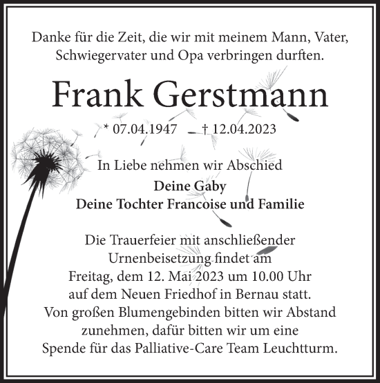 Traueranzeige von Frank Gerstmann von Märkische Oderzeitung