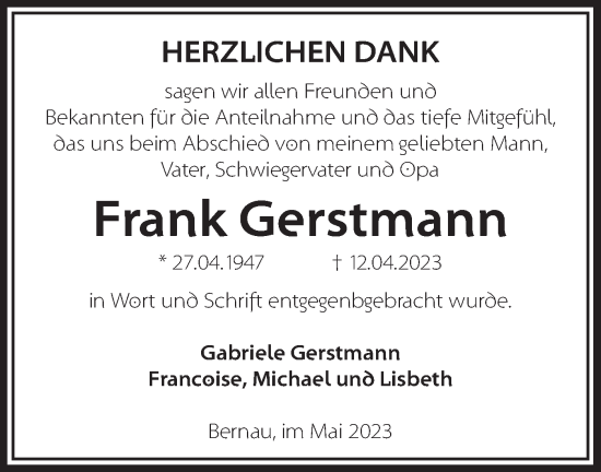 Traueranzeige von Frank Gerstmann von Märkische Oderzeitung