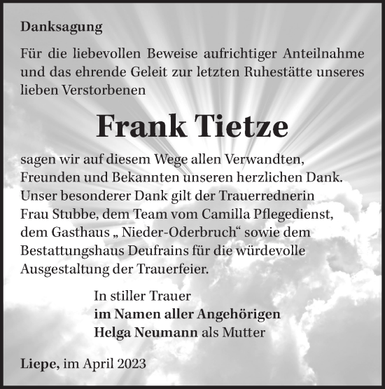 Traueranzeige von Frank Tietze von Märkische Oderzeitung