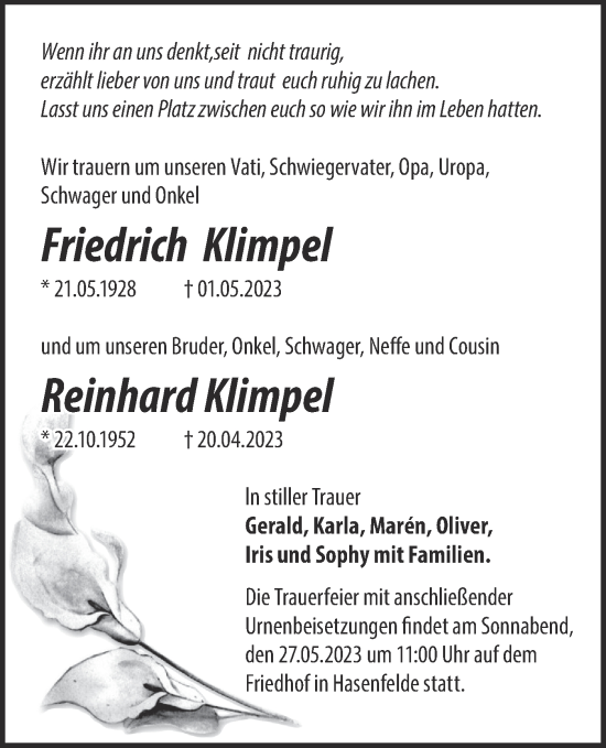 Traueranzeige von Friedrich und Reinhard  Klimpel von Märkische Oderzeitung