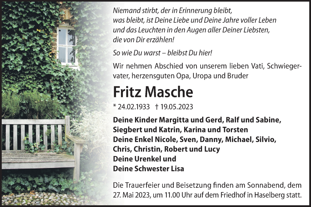  Traueranzeige für Fritz Masche vom 23.05.2023 aus Märkische Oderzeitung