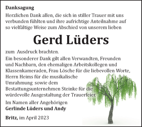 Traueranzeige von Gerd Lüders von Märkische Oderzeitung