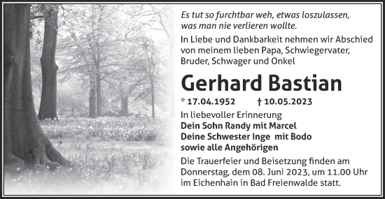 Traueranzeige von Gerhard Bastian von Märkische Oderzeitung