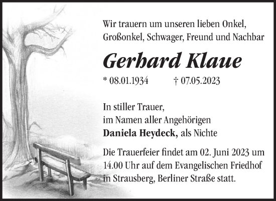 Traueranzeige von Gerhard Klaue von Märkische Oderzeitung