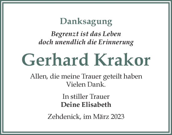 Traueranzeige von Gerhard Krakor von Märkische Oderzeitung