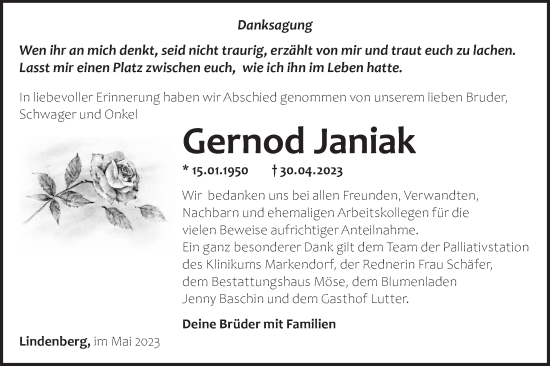 Traueranzeige von Gernod Janiak von Märkische Oderzeitung