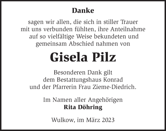 Traueranzeige von Gisela Pilz von Märkische Oderzeitung