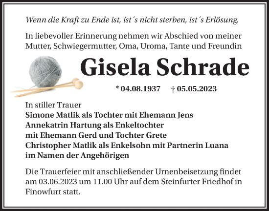 Traueranzeige von Gisela Schrade von Märkische Oderzeitung