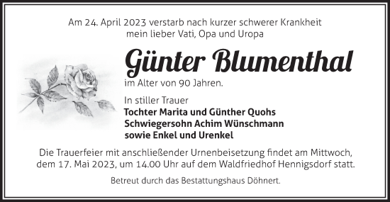 Traueranzeige von Günter Blumenthal von Märkische Oderzeitung