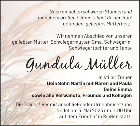 Traueranzeige von Gundula Müller von Märkische Oderzeitung