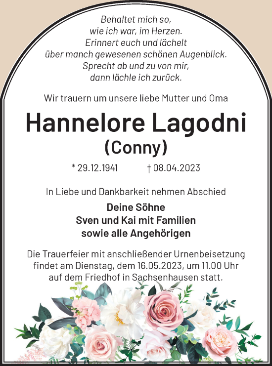 Traueranzeige von Hannelore Lagodni von Märkische Oderzeitung