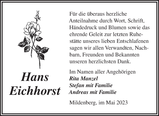 Traueranzeige von Hans Eichhorst von Märkische Oderzeitung