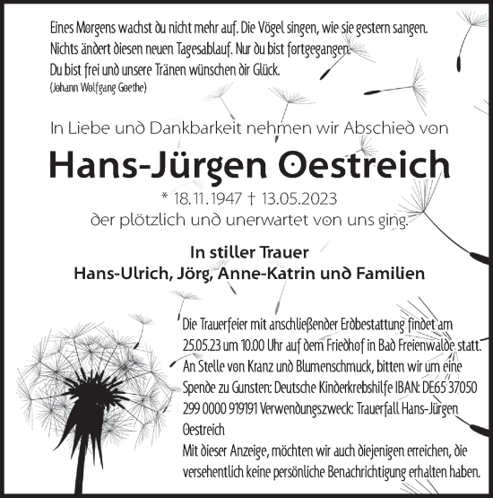 Traueranzeige von Hans-Jürgen Oestreich von Märkische Oderzeitung