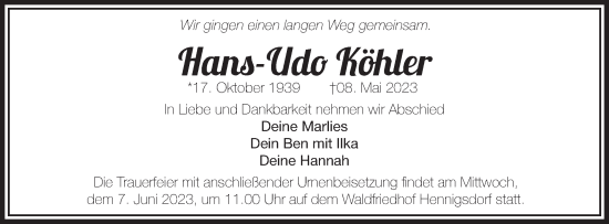 Traueranzeige von Hans-Udo Köhler von Märkische Oderzeitung