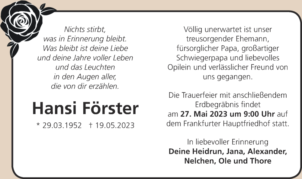  Traueranzeige für Hansi Förster vom 24.05.2023 aus Märkische Oderzeitung