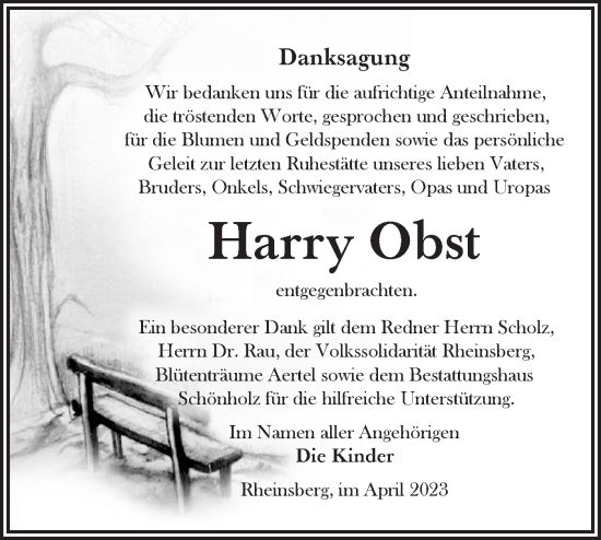 Traueranzeige von Harry Obst von Märkische Oderzeitung