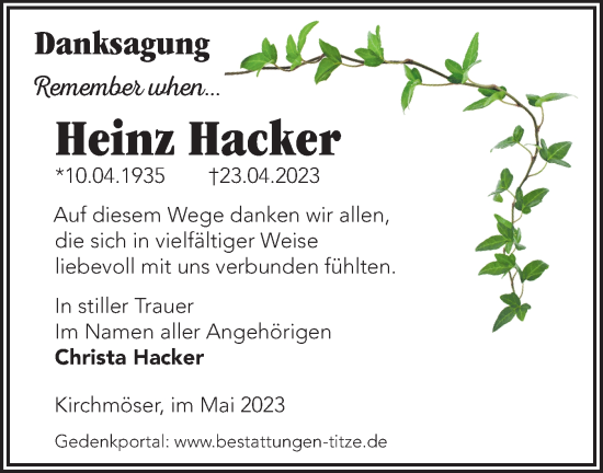 Traueranzeige von Heinz Hacker von Märkische Oderzeitung