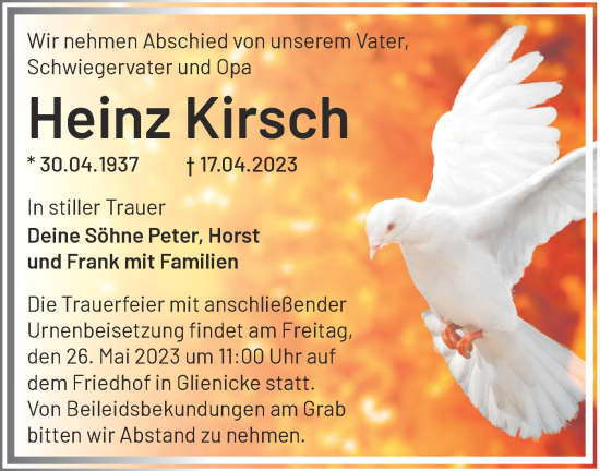 Traueranzeige von Heinz Kirsch von Märkische Oderzeitung