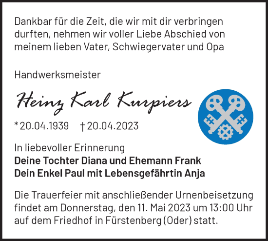 Traueranzeige von Heinz Karl Kurpiers von Märkische Oderzeitung