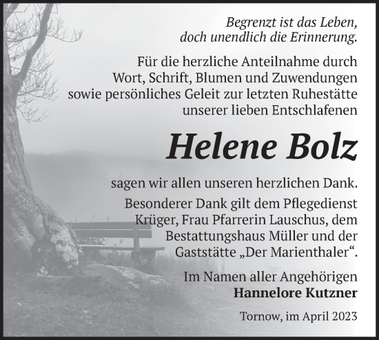 Traueranzeige von Helene Bolz von Märkische Oderzeitung