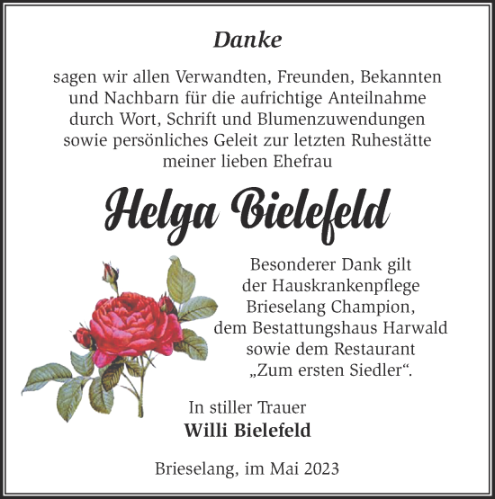 Traueranzeige von Helga Bielefeld von Märkische Oderzeitung