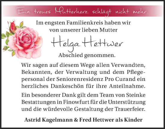 Traueranzeige von Helga Hettwer von Märkische Oderzeitung