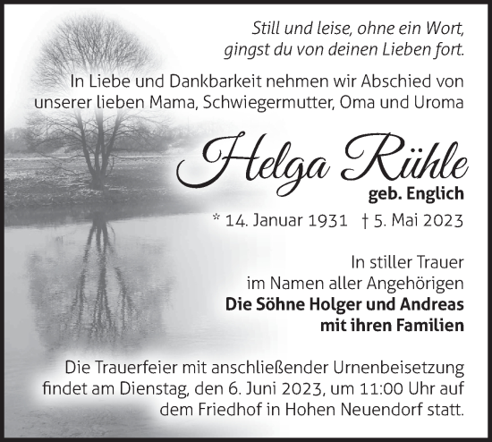 Traueranzeige von Helga Rühle von Märkische Oderzeitung