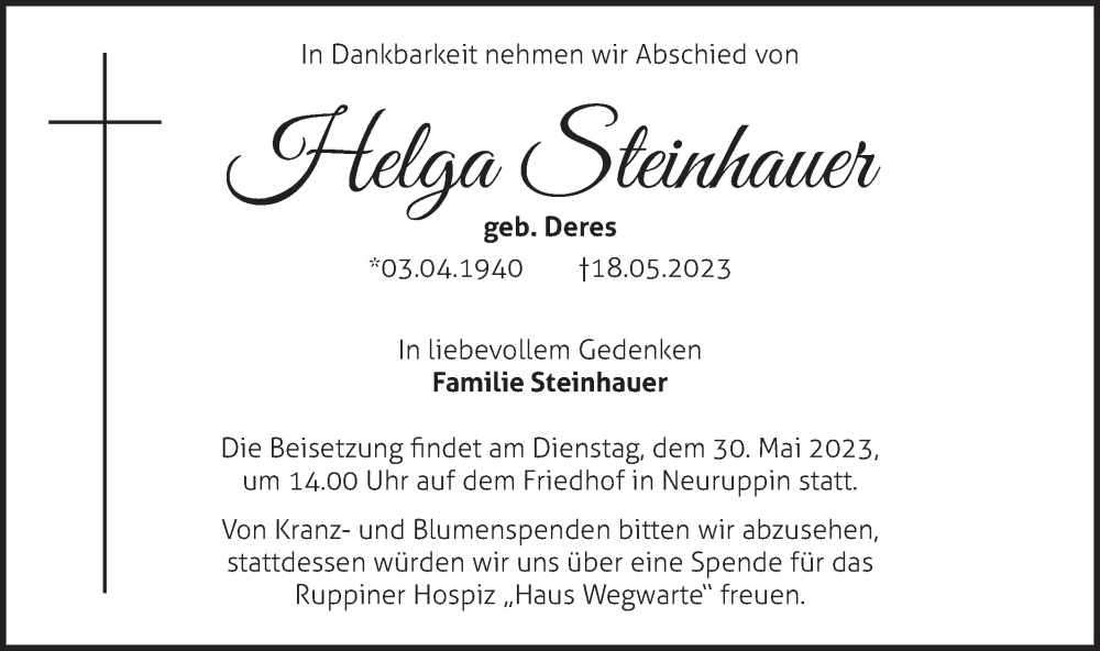  Traueranzeige für Helga Steinhauer vom 24.05.2023 aus Märkische Oderzeitung