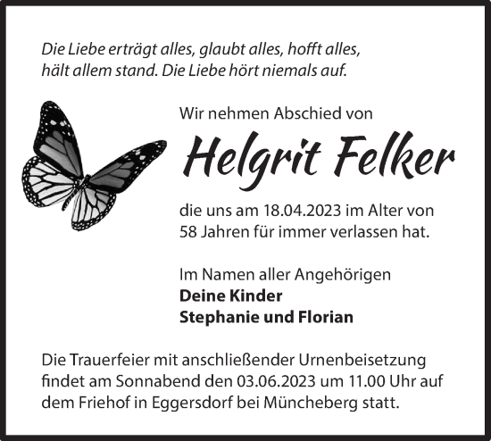 Traueranzeige von Helgrit Felker von Märkische Oderzeitung