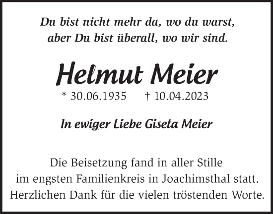 Traueranzeige von Helmut Meier von Märkische Oderzeitung