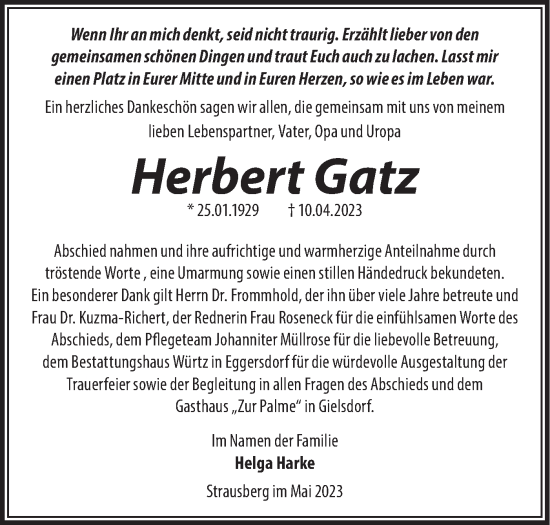 Traueranzeige von Herbert Gatz von Märkische Oderzeitung