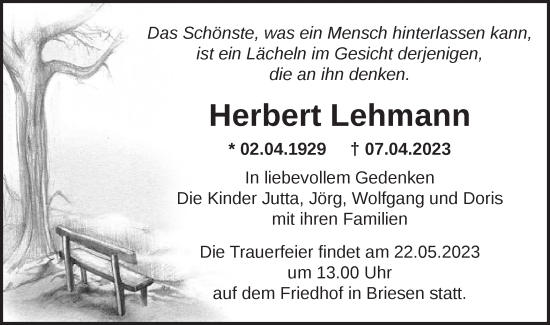 Traueranzeige von Herbert Lehmann von Märkische Oderzeitung