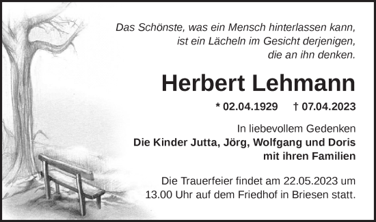 Traueranzeige von Herbert Lehmann von Märkische Oderzeitung