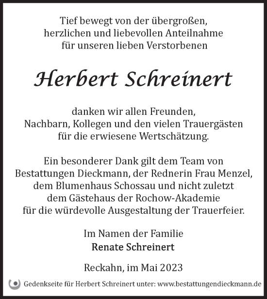 Traueranzeige von Herbert Schreinert von Märkische Oderzeitung