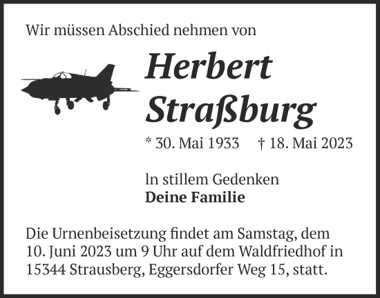 Traueranzeige von Herbert Straßburg von Märkische Oderzeitung