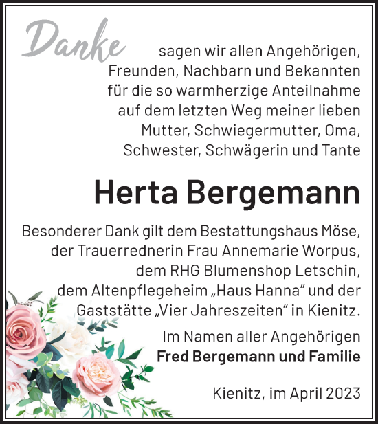 Traueranzeige von Herta Bergemann von Märkische Oderzeitung