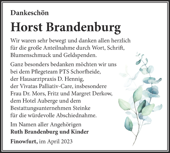 Traueranzeige von Horst Brandenburg von Märkische Oderzeitung