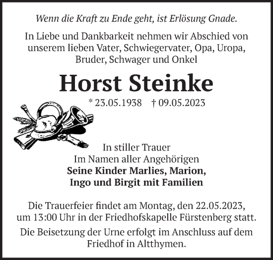 Traueranzeige von Horst Steinke von Märkische Oderzeitung