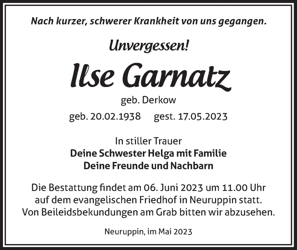  Traueranzeige für Ilse Garnatz vom 24.05.2023 aus Märkische Oderzeitung