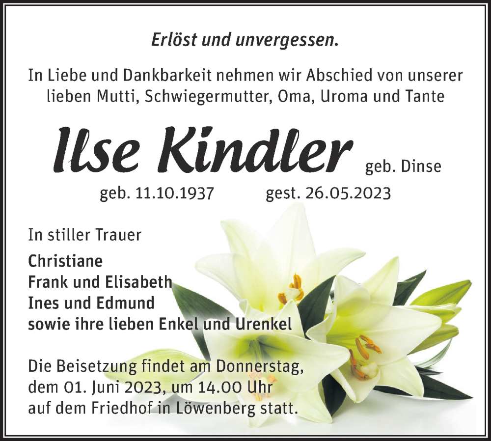  Traueranzeige für Ilse Kindler vom 27.05.2023 aus Märkische Oderzeitung