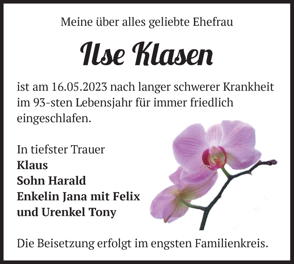  Traueranzeige für Ilse Klasen vom 25.05.2023 aus Märkische Oderzeitung