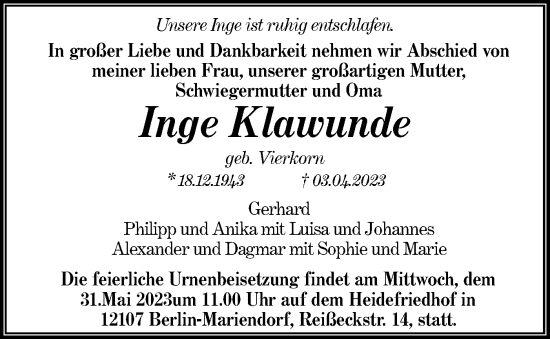 Traueranzeige von Inge Klawunde von Märkische Oderzeitung