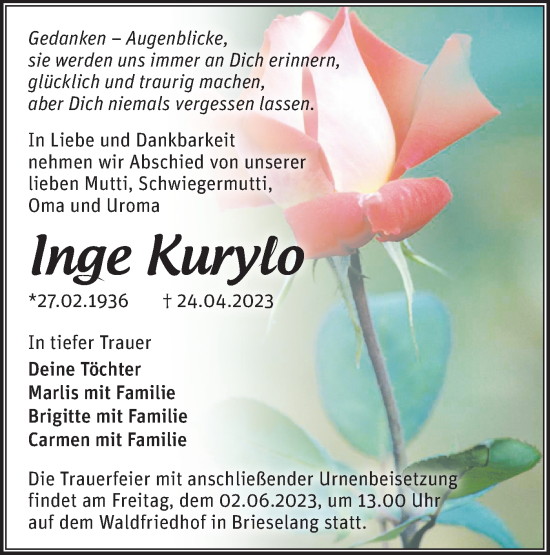 Traueranzeige von Inge Kurylo von Märkische Oderzeitung